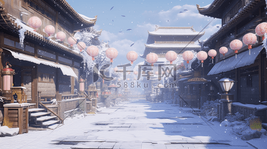 中国风古建筑大街冬季雪景插图3
