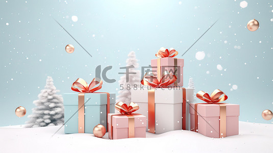 冬天圣诞雪地的礼物盒10
