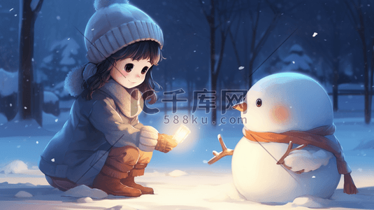 小朋友堆雪人插画图片_雪地里堆雪人的小朋友冬季雪景插画7