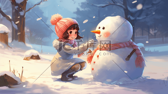 小朋友堆雪人插画图片_雪地里堆雪人的小朋友冬季雪景插画2