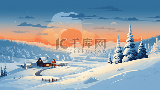 雪景动漫插画图片_落日余晖映射下的冬季田野雪景3
