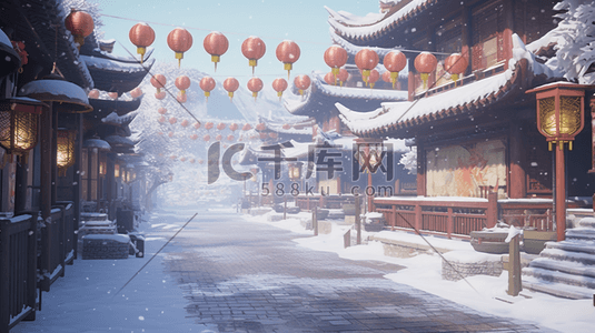 中国风建筑插图插画图片_中国风古建筑大街冬季雪景插图8