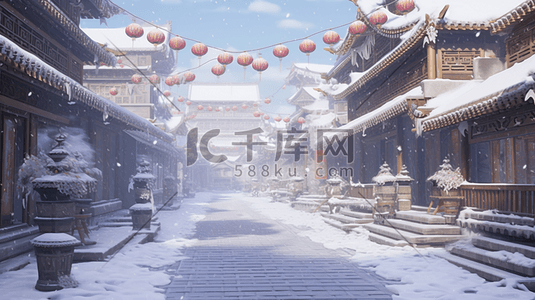 中国风建筑插图插画图片_中国风古建筑大街冬季雪景插图14