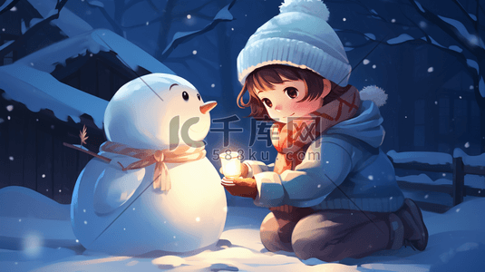 雪地里堆雪人的小朋友冬季雪景插画11