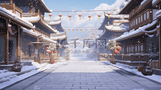 中国风古建筑大街冬季雪景插图2