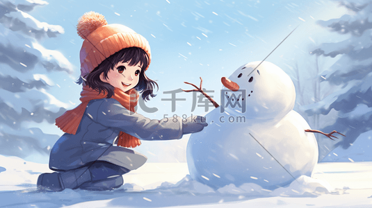 雪地里堆雪人的小朋友冬季雪景插画12