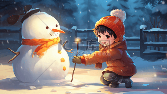 雪地里堆雪人的小朋友冬季雪景插画3