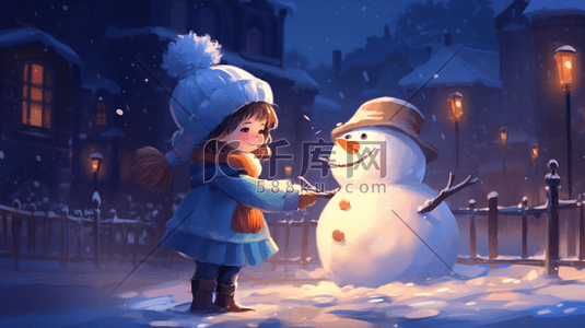 小朋友堆雪人插画图片_雪地里堆雪人的小朋友冬季雪景插画14