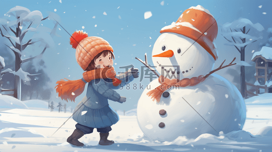 小朋友堆雪人插画图片_雪地里堆雪人的小朋友冬季雪景插画4