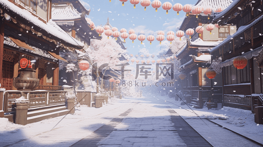 中国风建筑插图插画图片_中国风古建筑大街冬季雪景插图12