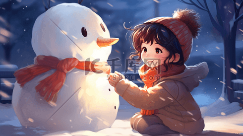 雪地里堆雪人的小朋友冬季雪景插画10