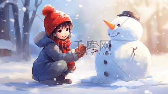 小朋友堆雪人插画图片_雪地里堆雪人的小朋友冬季雪景插画5