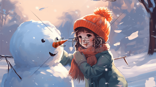 雪地里堆雪人的小朋友冬季雪景插画6