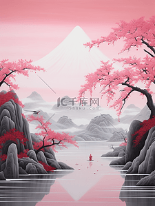红色中国风山水风景插画4