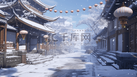 中国风古建筑大街冬季雪景插图11