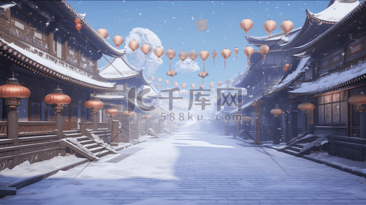 中国风建筑插图插画图片_中国风古建筑大街冬季雪景插图18