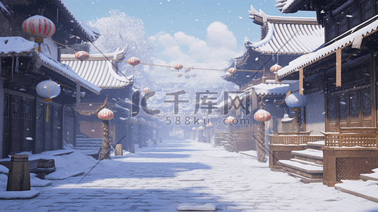 中国风建筑插图插画图片_中国风古建筑大街冬季雪景插图7