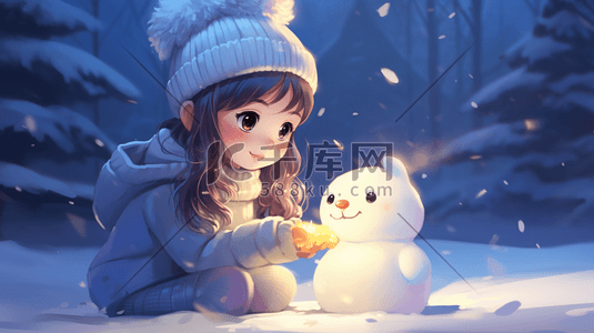 小朋友堆雪人插画图片_雪地里堆雪人的小朋友冬季雪景插画13