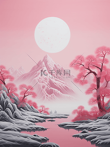 简约古典中国风插画图片_红色中国风山水风景插画11