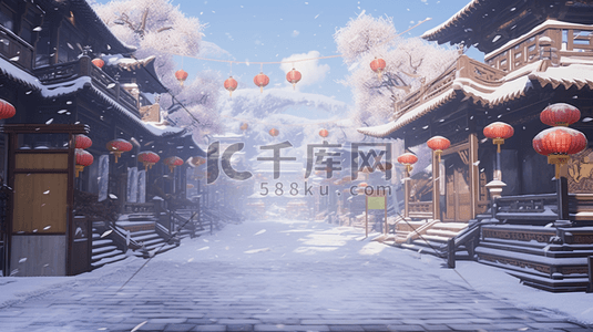 中国风古建筑大街冬季雪景插图1