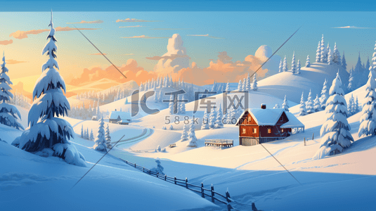 落日余晖映射下的冬季田野雪景1