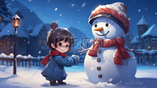 小朋友堆雪人插画图片_雪地里堆雪人的小朋友冬季雪景插画9