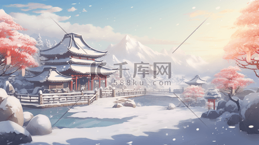 手绘冬季中国古建筑山水插画2