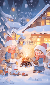 雪景动漫插画图片_可爱卡通冬夜聚会动漫插画