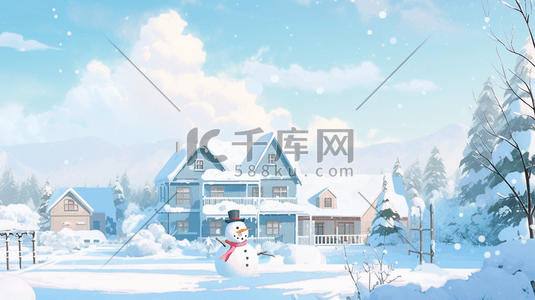 雪人小插画图片_冬天雪地风景雪里的小屋子