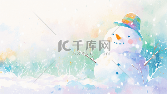 雪插画图片_点彩冬天雪地里的雪人雪娃娃