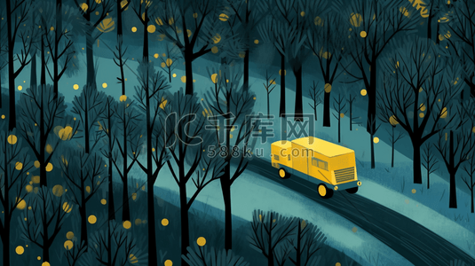 小汽车插画图片_夜晚树林里行驶的小汽车插画6
