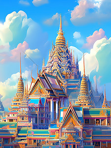 皇宫插画图片_蓝天下的泰国大皇宫15