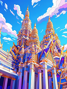 泰国皇宫插画图片_蓝天下的泰国大皇宫2