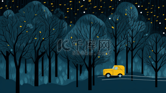 夜晚树林里行驶的小汽车插画3