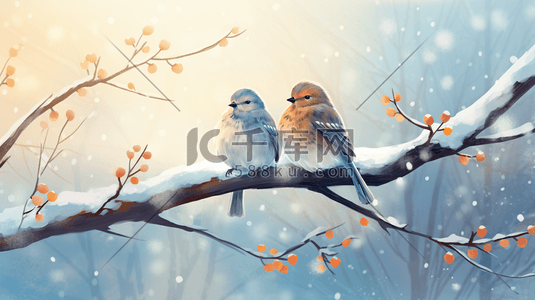 鸟的鸟插画图片_冬季树枝上的鸟插画7