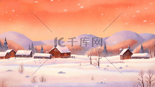 橙色系插画图片_橙色系圣诞节冬天雪地圣诞树小屋