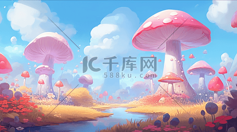 梦幻童话粉色可爱蘑菇丛插画