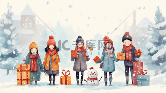 欢乐送礼插画图片_卡通风冬季节日互送礼物人物插画8