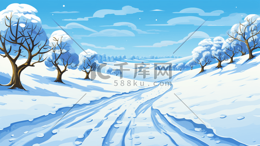雪景动漫插画图片_蓝色卡通感冬季唯美雪景插图6