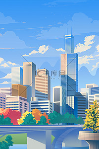 蓝白科技背景插画图片_蓝色系扁平化城市建筑插画