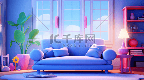 卡通蓝色室内客厅沙发1