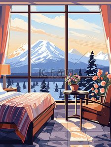 酒店房间插画图片_旅行酒店房间雪山风景17