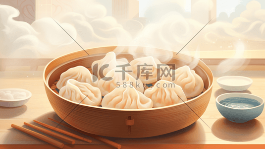 古带器皿插画图片_中国风热腾腾的蒸饺插画8