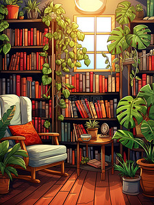 温馨的家庭插画图片_温馨的家庭图书馆书房11