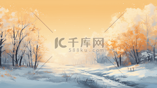 雪山风景插画图片_唯美冬天大雪大寒雪中森林树林风景场景插画