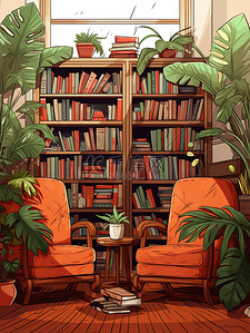 温馨的家庭插画图片_温馨的家庭图书馆书房16