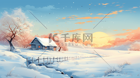 冬天大雪大寒雪山河谷风景插画5