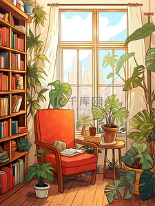 温馨的家庭插画图片_温馨的家庭图书馆书房5
