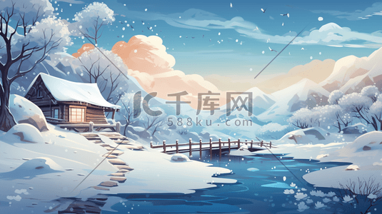 大寒插画图片_冬天大雪大寒雪山河谷风景插画4