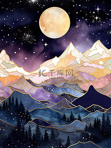 深紫色插画图片_黄昏天空中的山脉画深紫色4